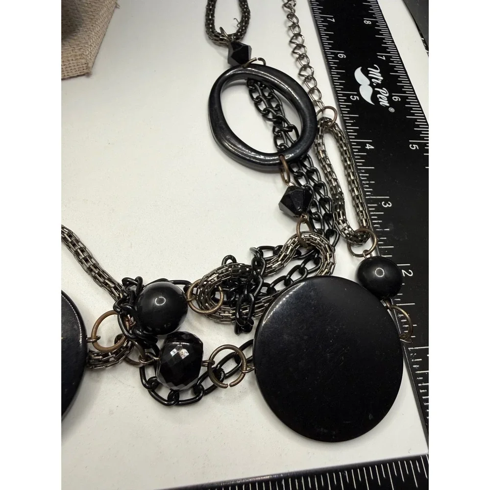 Black Chunky Statement Necklace Multi Strand Geometric Resin Disc Gunmetal Chain